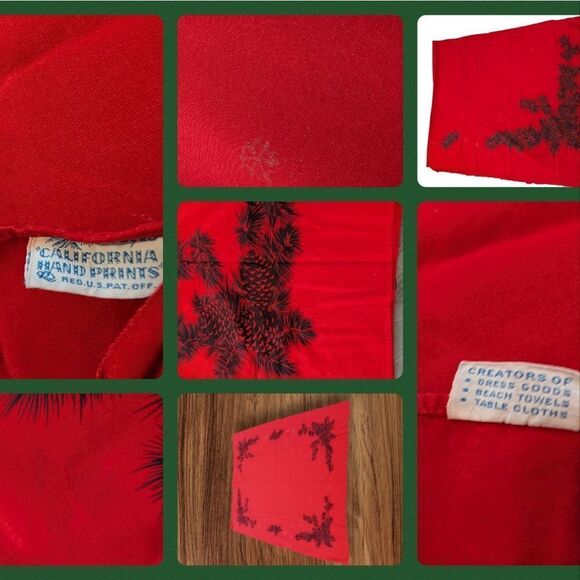 Vintage 50s California hand print red pine‎ cone print tablecloth MCM - Picture 5 of 9